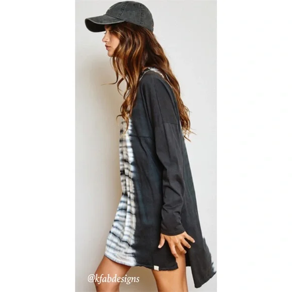 ❤️LAST ONE! Boho Black Cotton Long Tie Dye Oversized Tunic w/Side Slits - Picture 3 of 5